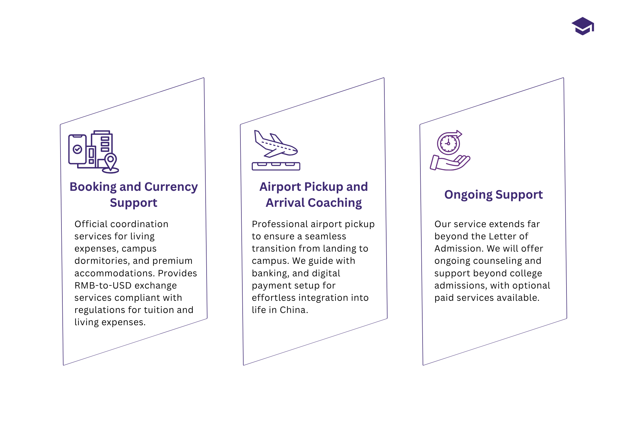 Booking, airport pickup, arrival coaching, and ongoing support services